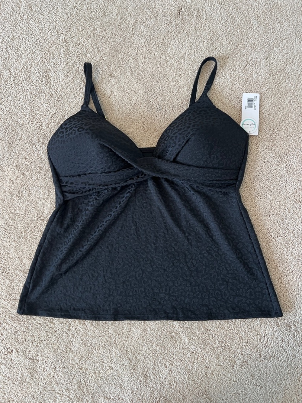 Women’s Black Leopard Pattern Twist-Front Tankini Top New With Tags